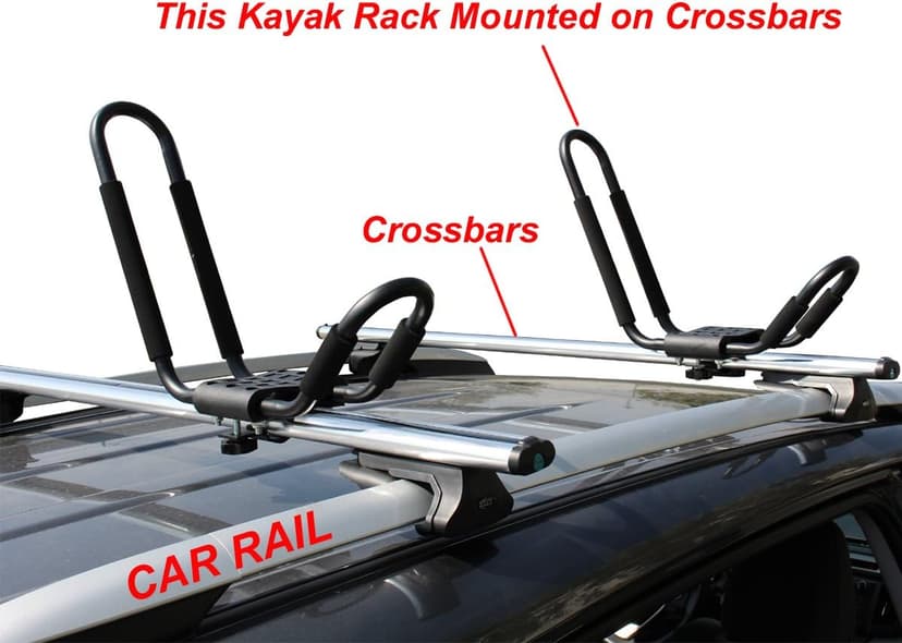 TMS Kayak Roof Racks for 2 Kayaks - Dual Universal Fit Carriers Include Two Sets of Straps for Cars, Trucks and SUVs - Easy to Mount J-Bar Style Carriers for Kayaks Canoes Paddleboards and Surfboards