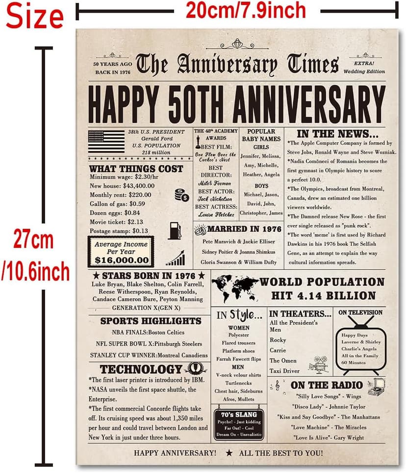 Jumbo 50th Anniversary Card for Women Men, Funny 50th Wedding Anniversary Decorations for Mom Dad, Romantic 50 Year Anniversary Card Gift for Wife Husband, Golden Wedding Gift