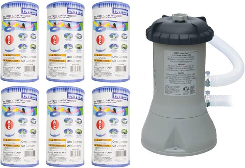 Intex 1000 GPH Easy Set Pool Filter Pump System with GFCI for Above Ground Swimming Pools with Type A & C Filter Cartridge Replacements, (6 Pack)