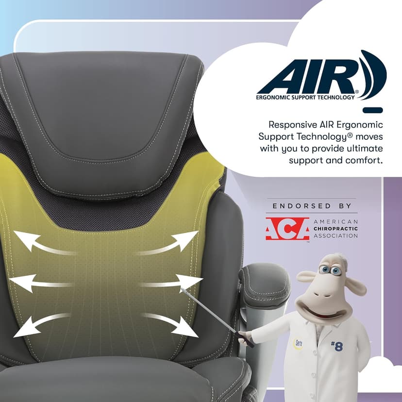 Serta Bryce Executive Office Chair - Ergonomic Computer Desk Chair with Patented AIR Lumbar Technology - Adjustable Height - Memory Foam Body Pillows - 360° Swivel Rolling Base - Bonded Leather - Gray