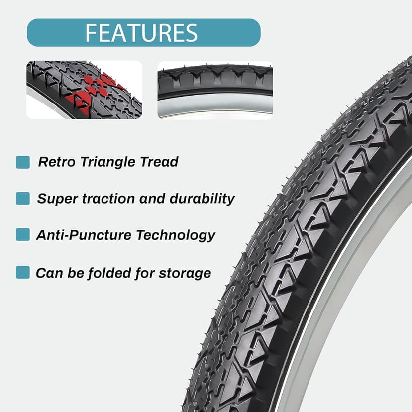 Hycline 26x2.125 Cruiser Bike Tires Set: 2-Pack 26-inch Premium Butyl Rubber High-Performance Folding Replacement Bicycle Tires for Beach Cruiser and Urban Commuting Bicycle