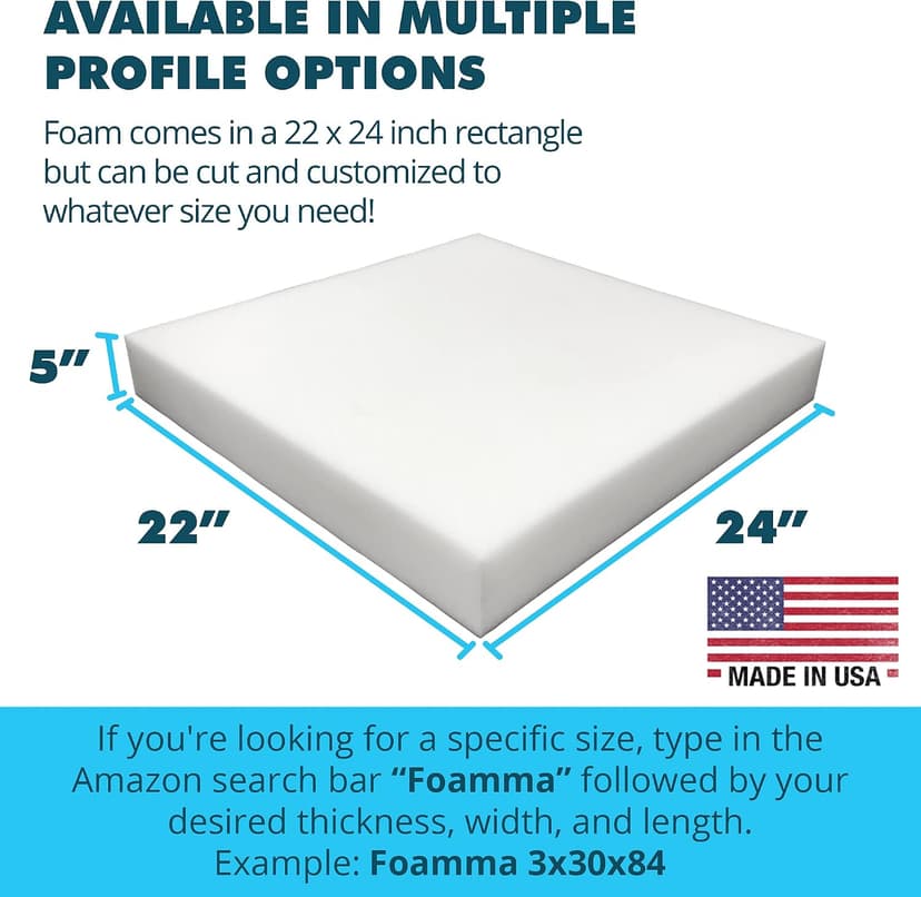 Foamma 5" x 22" x 24" High Density Upholstery Foam Padding for Cushions and Seat Repair, Thick-Custom Pillow, Chair, and Couch Cushion Replacement Foam, Craft Upholstery Supplies