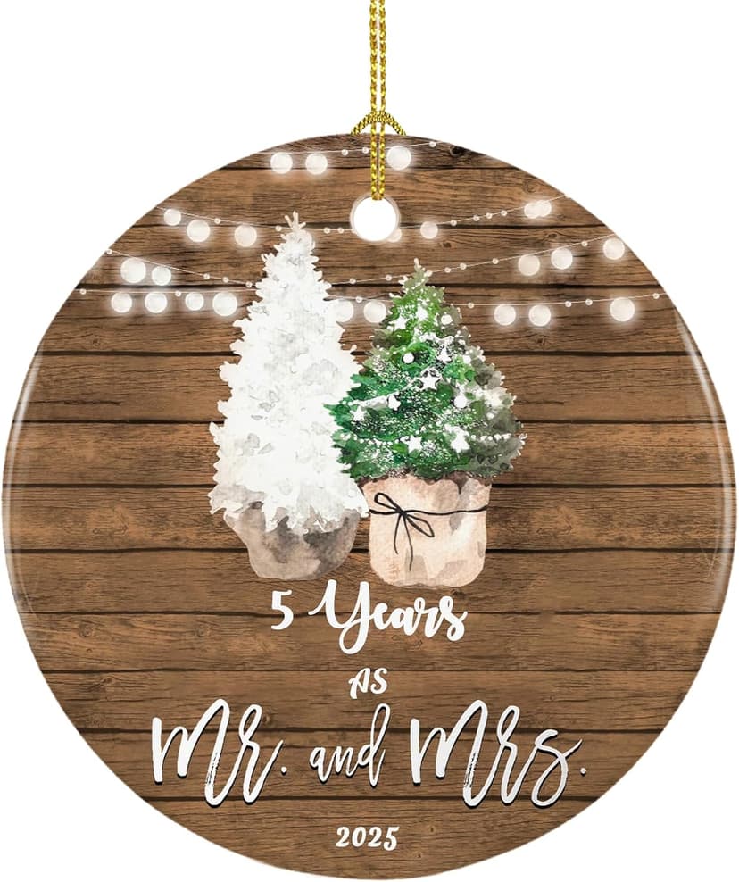5th Anniversary Ornament Gifts for Couple, 5 Year Wedding for 5th Anniversary, Ceramic Keepsake 5 Year as Mr and Mrs Christmas Ornaments