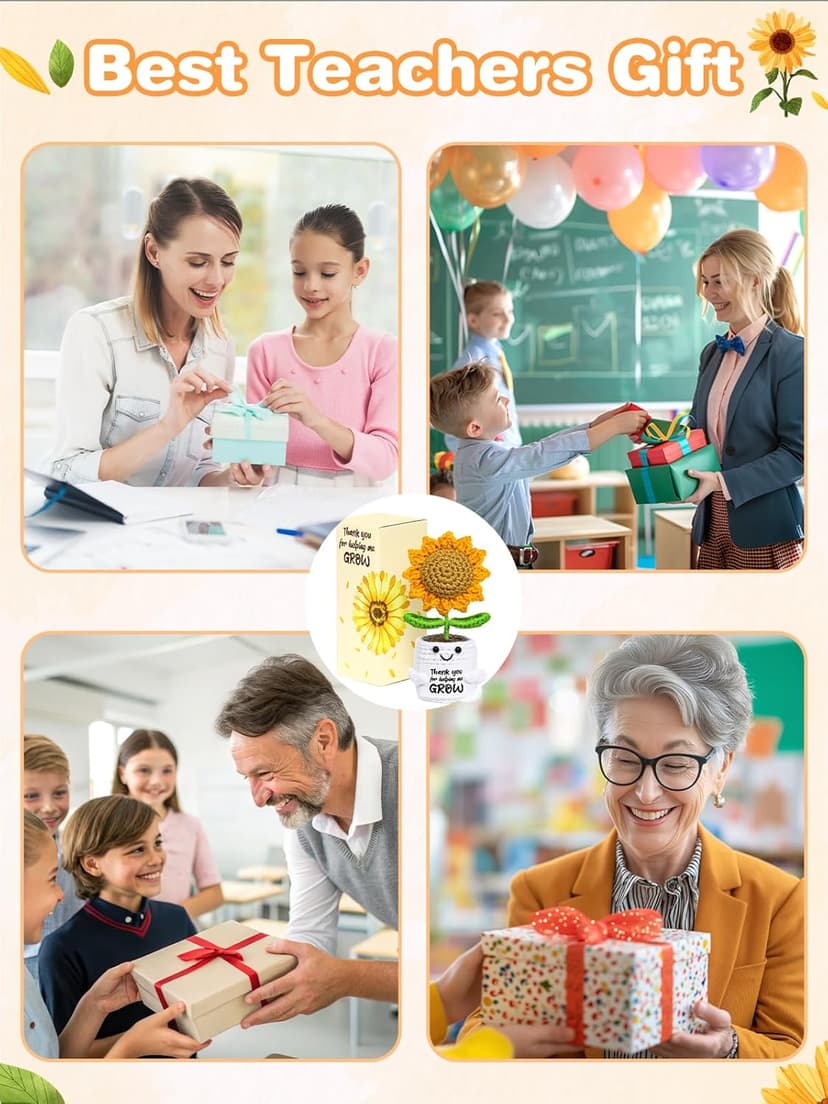 U-Goforst Teacher Appreciation Gifts, Emotional Cheer Thank You Gifts for Women Boss Coworkers Friends, Support Positive Handmade Crochet Sunflower Pot for Birthday Christmas Last Day of School