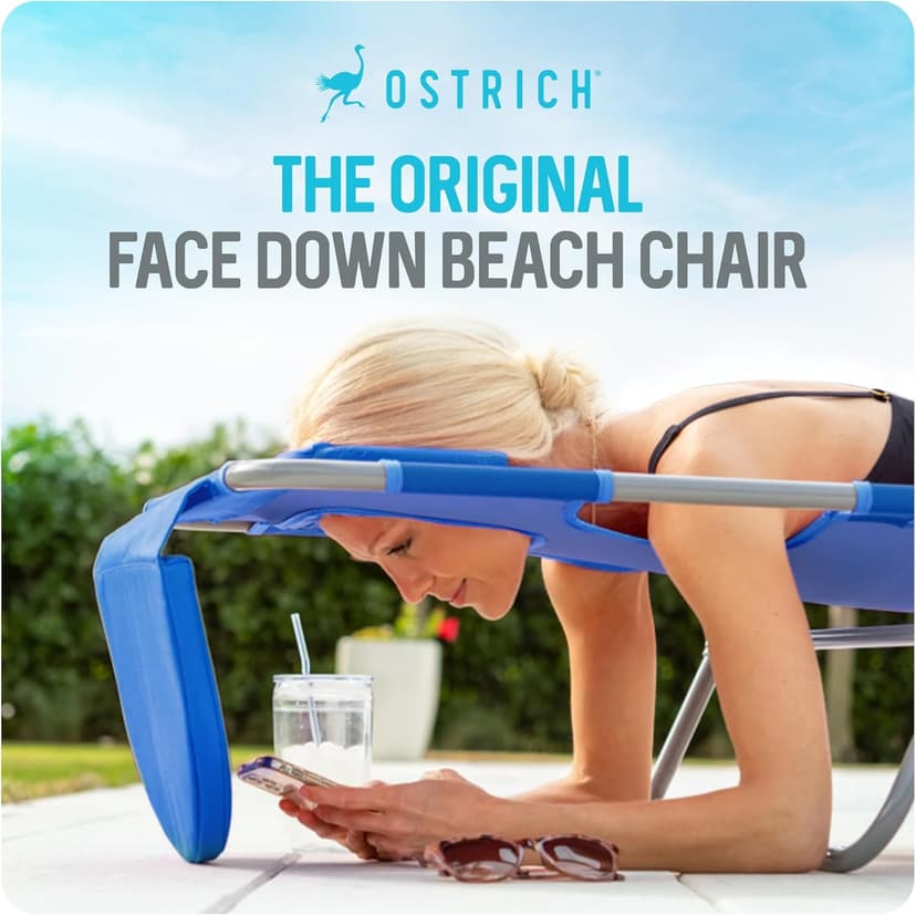 Ostrich the Original Chaise 72 x 22 Inch Lounge Portable Reclining Lounger, Outdoor Patio, Beach, Lawn, Camping, or Pool Tanning Chair, Ocean Blue