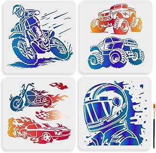 MAYJOYDIY 4Pcs Motorcycle Racing Stencil 11.8x11.8inches Reusable Racer Helmet Race Stencils Big Tires Off-Road Vehicle Drawing Templates Car Racing Flag Template for Painting on Wood Wall Decor