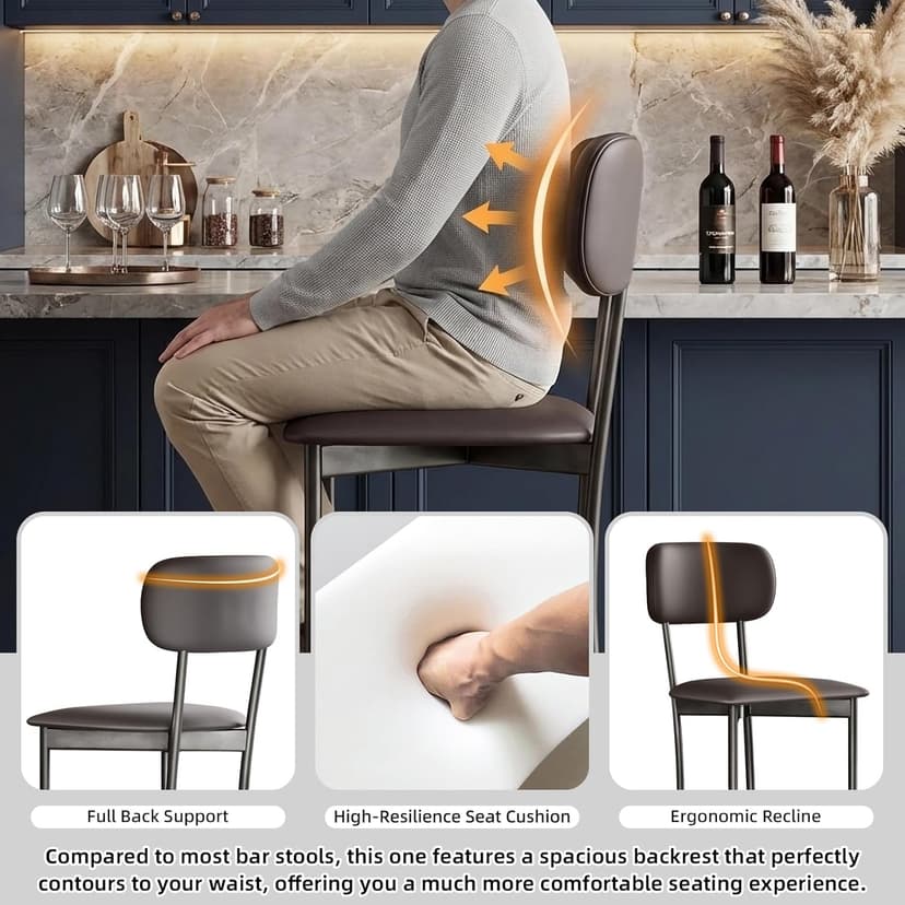 26.3 Inch Counter Height Bar Stools, Modern Counte Stools with Backrest,Counter Height Chairs with Leather Seat, Sturdy Frame and Footrests for Kitchen Island, Dining Room, Counter,Dark Gray