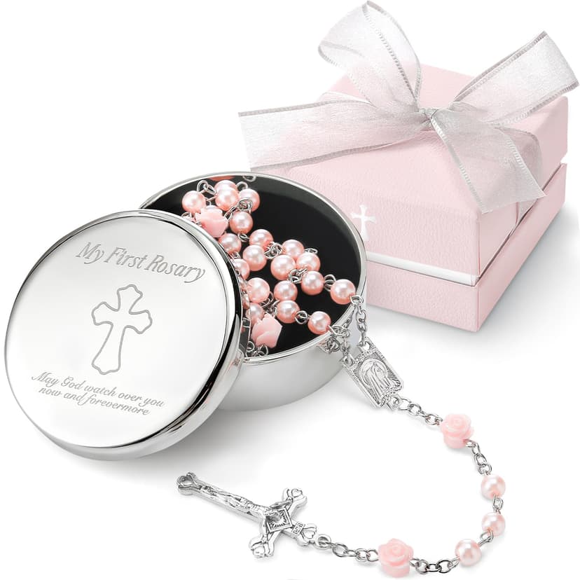 Baptism Gifts for Girl - My First Rosary with Silver-Plated Keepsake Box, Catholic Christening Gift Set, Pink Rosary for Kids, Baptism, First Communion & Baby Dedication Gifts for Girls from Godparent