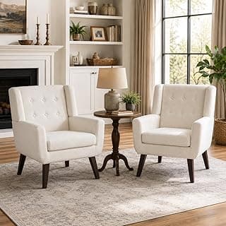 HUIMO Upholstered Accent Chairs Set of 2,Button-Tufted Reading Comfy Living Room Chair with Wooden Legs,Mid Century Modern Chair with Linen Fabric,Club Chair Comfy Arm Chairs for Bedroom,Beige