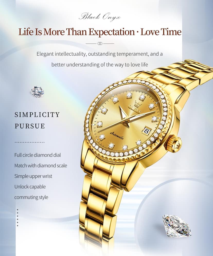OLEVS Womens Diamond Watches Automatic Mechanical Gold Luxury Dress Ladies Self Winding Original Stainless Steel Wrist Watch