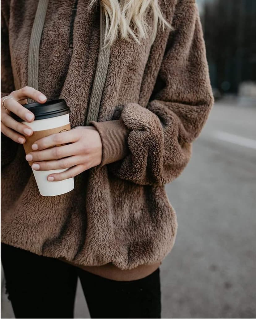 ReachMe Womens Oversized Sherpa Pullover Hoodie with Pockets Fuzzy Fleece Sweatshirt Plaid Fluffy Jacket Coat