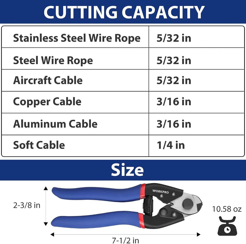 Chrome Vanadium Steel, Safety Lock, Non-Slip Handle for Hard Wire Ropes, Steel Wires and Aircraft Cables WORKPRO Cable Cutter, 7-1/2 Inch Heavy Duty Wire Rope Cutter B0B8MCVSZP