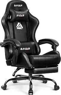 N-GEN GAMING Video Gaming Chair with Footrest Lumbar Support for Home Office High Back Recliner Height Adjustable Ergonomic Comfy Leather Computer Desk Chair (Black)