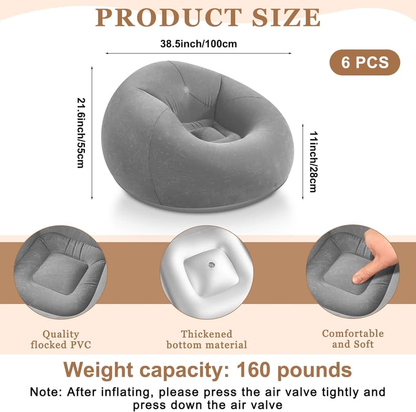 Realspring 6 9 12 Pcs Inflatable Bean Bag Chairs for Adults with Electric Air Pump, Blow up Couch Folding Portable Inflatable Couch Lazy Sofa for Outdoor Movie Night Camping(Gray,6 Pcs)