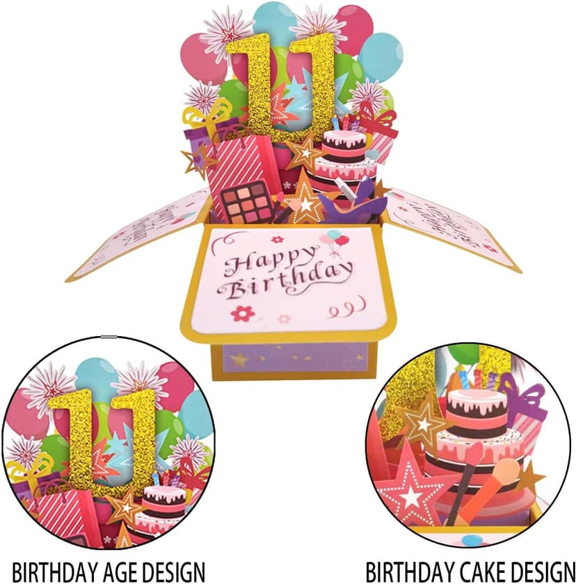 Asmallgf Happy 11th Birthday Popup Card for Daughter Son, Sweet Gift for 11 Years Old Girl Boy, Awesome Eleven Birthday 3D Greeting Card for Him Her