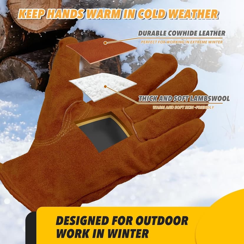 DLY Winter Work Gloves, Water-Resistant, Insulated, Puncture and Abrasion Resistant, Cowhide Durable gloves Warm Thick