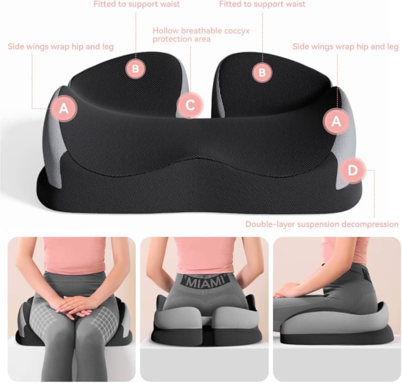 Seat Cushions for Office Chairs Wheelchair Cushion for Long Sitting Back Pain,Memory Foam Seat Car Computer Desk Chair Cushion,Coccyx Cushion for Tailbone Pain Relief Cushion Office Chair Black