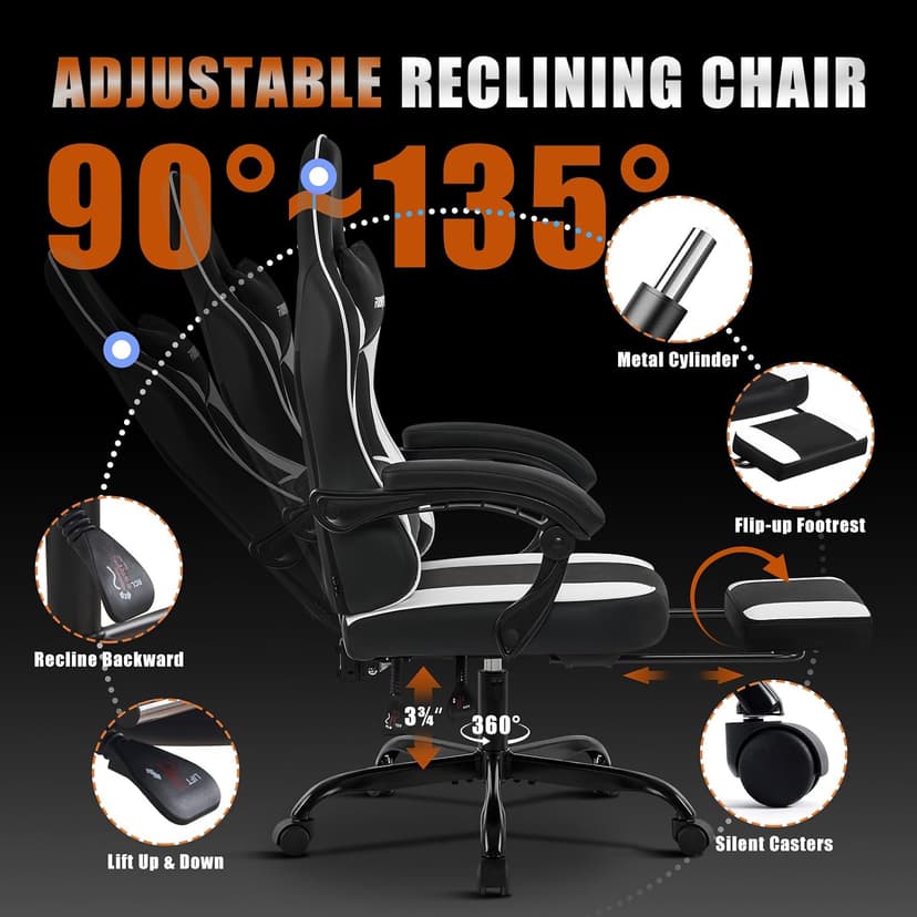 Gaming Chair with Footrest, Reclining Video Game Chairs for Adults with Lumbar Support, Linkage Armrests, Ergonomic Computer Chair for Gaming or Office, PU Black-White