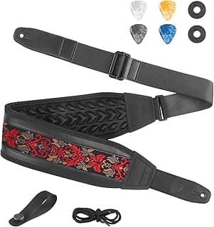 Guitar Strap and Bass Strap, Embroidered Guitar Strap, Adjustable Strap Length, Equipped with 3D Sponge Filled Foam Pad, Comes with 4 Picks + 2 Strap Locks, Best Gift for Guitar Players, Vintage Red
