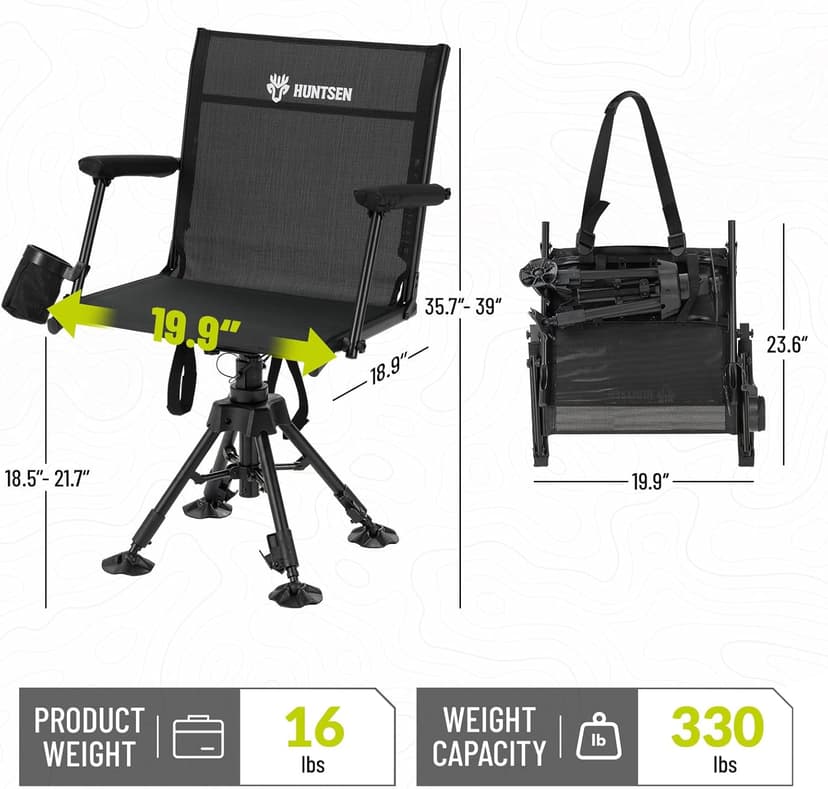 HUNTSEN 360° Silent Swivel Hunting Chair for Blinds - Stable Portable Ground Blind Chair Adjustable 4 Legs & Seat Height Folding Outdoor Fishing Seat with Anti-Sink Feet Armrest - Supports 330lbs