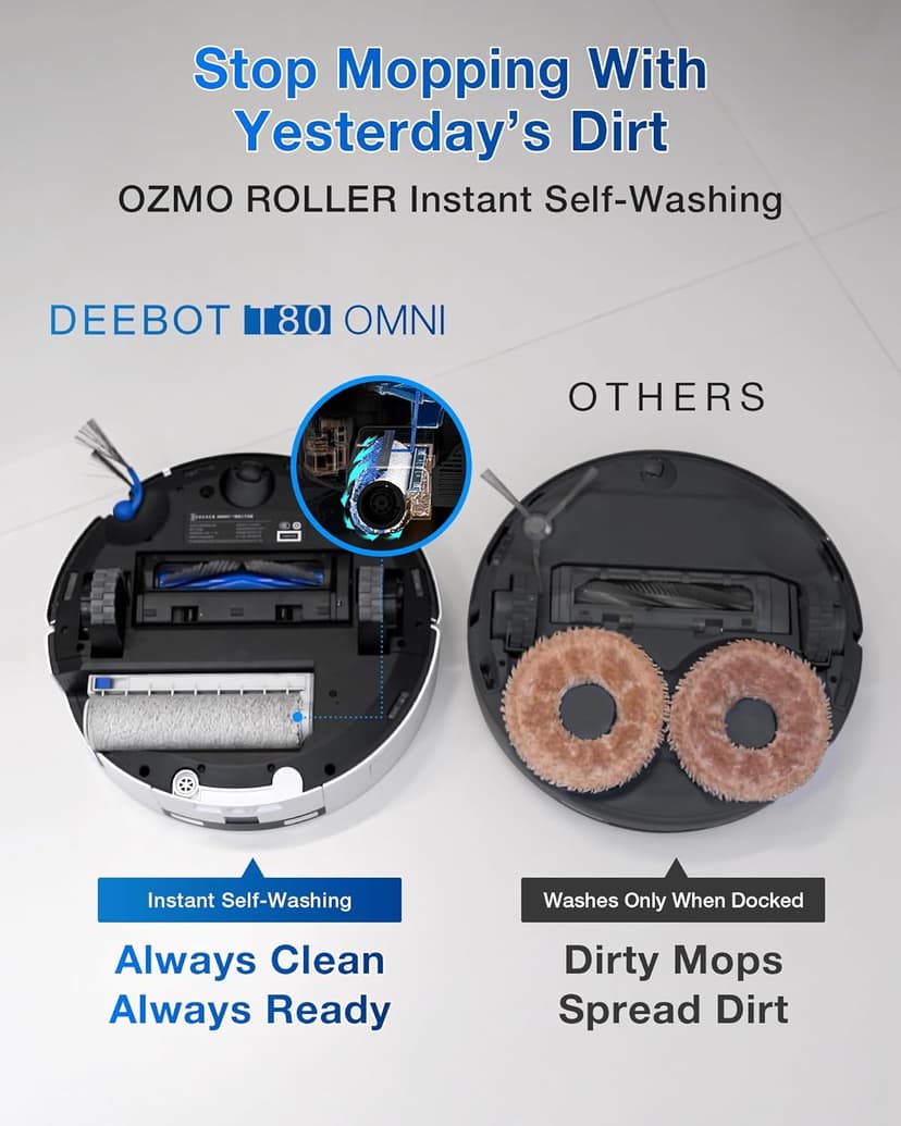 ECOVACS DEEBOT T80 Omni Robot Vacuum and Mop, 18,000Pa Suction, OZMO Roller Mop with TruEdge, Zero-Tangle Brush, AI Navigation, All-in-One Station