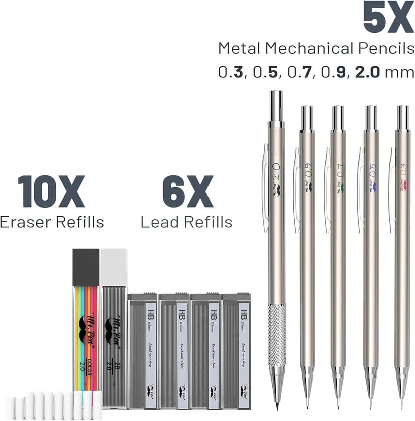 Mr. Pen- Metal Mechanical Pencil Set with Lead and Eraser Refills, 5 Sizes, 0.3, 0.5, 0.7, 0.9, 2mm, Drafting, Sketching, Architecture, Drawing Metal Mechanical Pencils