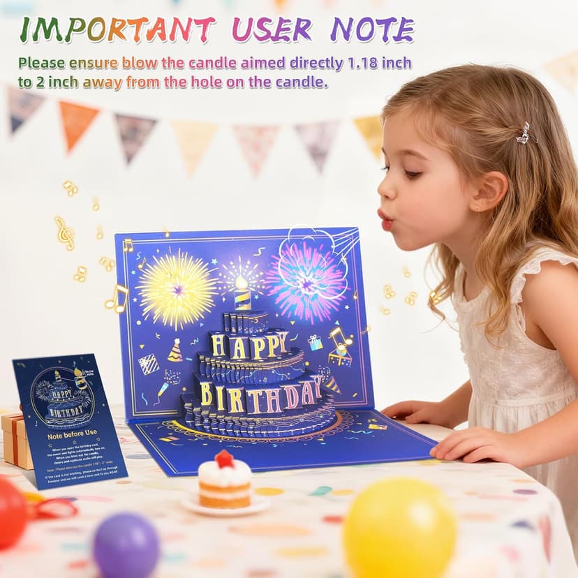 UPGRADED 3D Pop Up Firework Birthday Cards, Musical LED Lights Birthday Cards with Blowable Birthday Cake, Greeting Cards, Birthday Gifts for Mom Women Men Kids Child Dad Father Wife