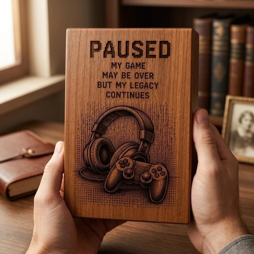 Gaming Memorial Urn Box for Human Ashes,Cremation Urn with Laser Engraved Headphones & Game Controller Design, Wooden Keepsake Funeral Urn for Adult Ashes, Memorial Gift B0HD81S9SR