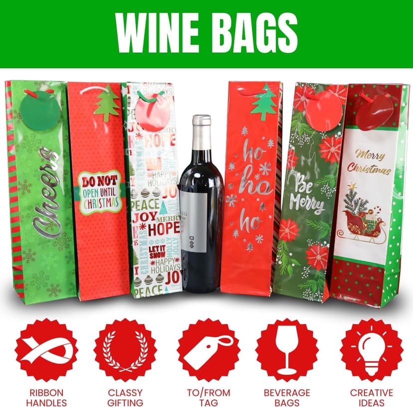 Iconikal 6-Pack Christmas Wine Bottle Gift Bags, Heavy-Duty with Ribbon Handles, Assorted Holiday Designs - Ideal for Festive Xmas Gifting, Parties & Bulk Wrapping