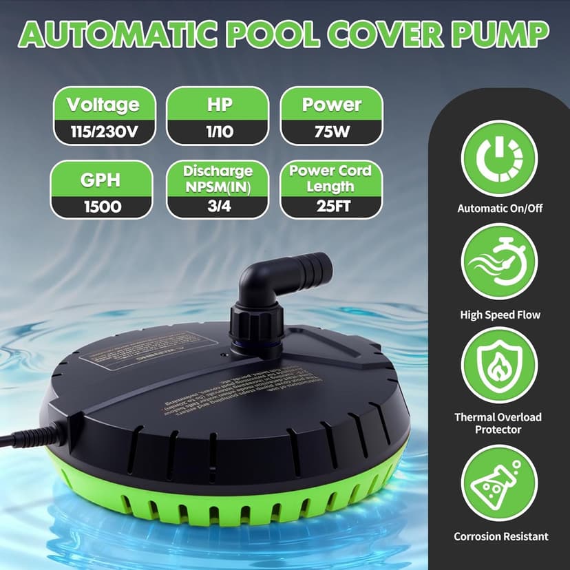 Automatic Pool Cover Pump, 1500GPH Submersible Sump Pump for Pool Draining, 25FT Power Cord, 2 Adapters, Available for Swimming Pool Covers, Swimming Pools, Fish Tanks, Ponds, Green