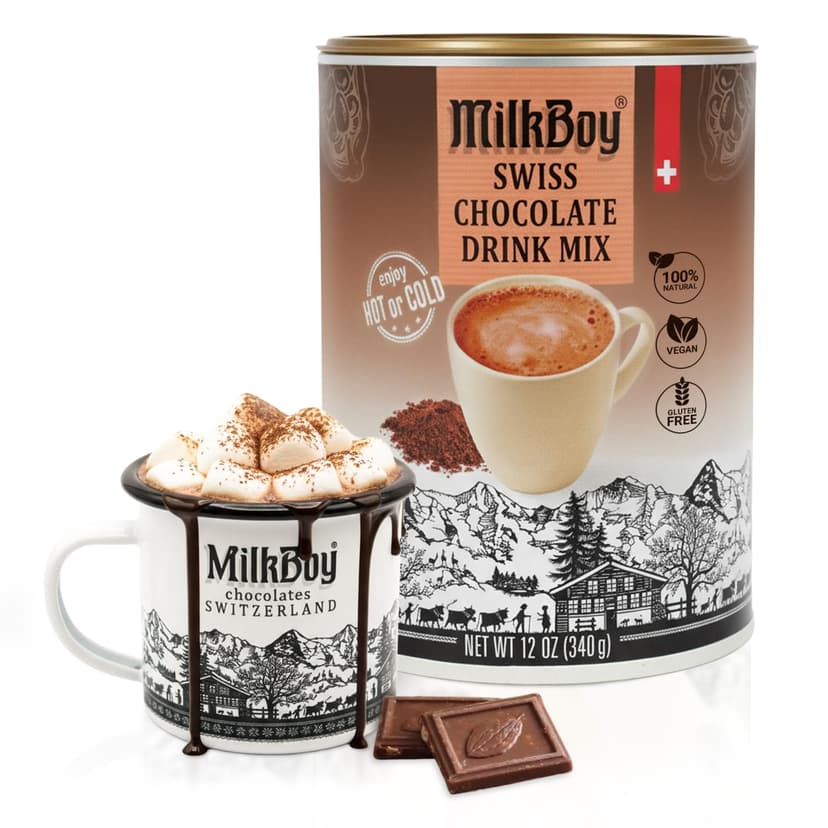 MilkBoy Dairy Free Hot Chocolate Mix - Gluten Free Swiss Cocoa Drink Powder, Vegan Hot Cocoa Mix, Gourmet Swiss Chocolate Drink, Kosher, Rainforest Alliance Certified - 12 oz Can