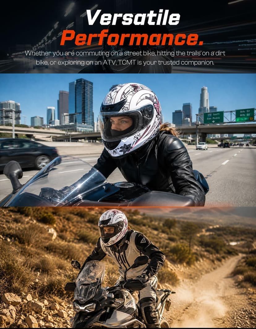 TCMT Full Face Motorcycle Helmet for Adults Men Women, Lightweight Polycarbonate Street Bike Dirt Bike Helmet with Anti-Scratch Mirror Shield and Removable Liner, DOT Approved