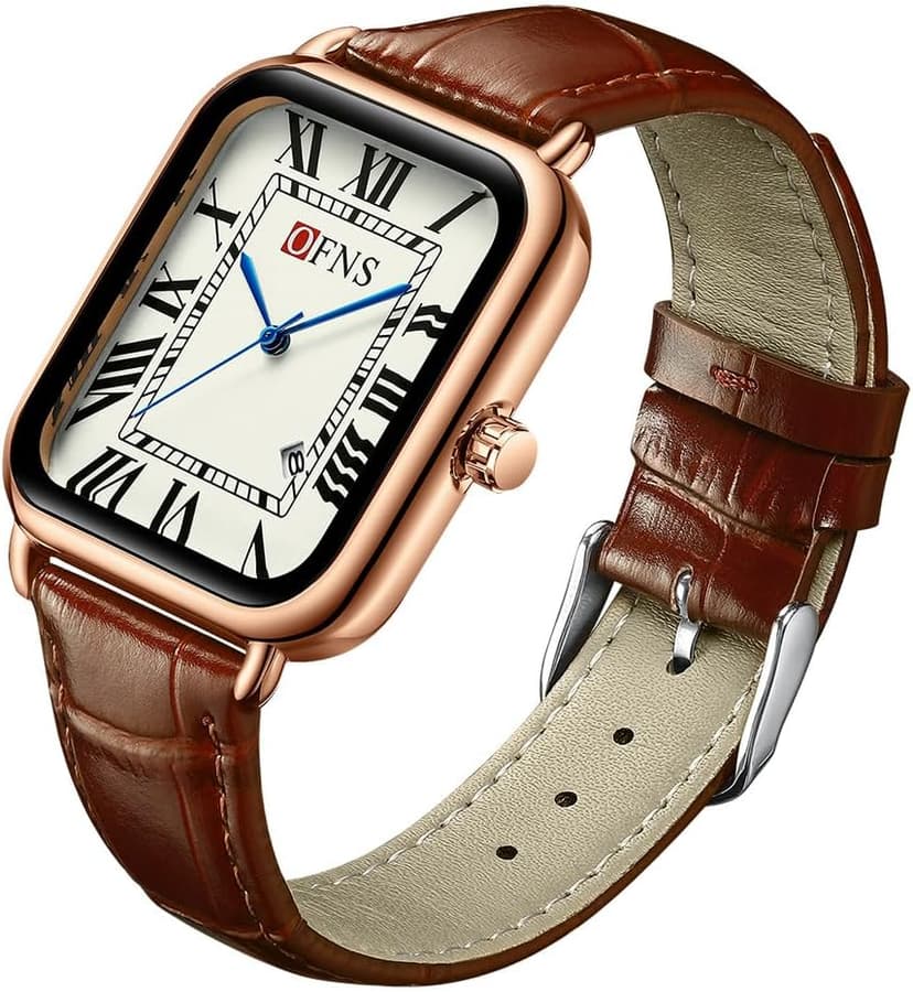 CARLIEN Mens Vintage Dainty Rectangle Square Leather Strap Simple Full Roman Numerals Dial Quartz Watch Gold Silver Tone Case Business Fashion Dress Wristwatch