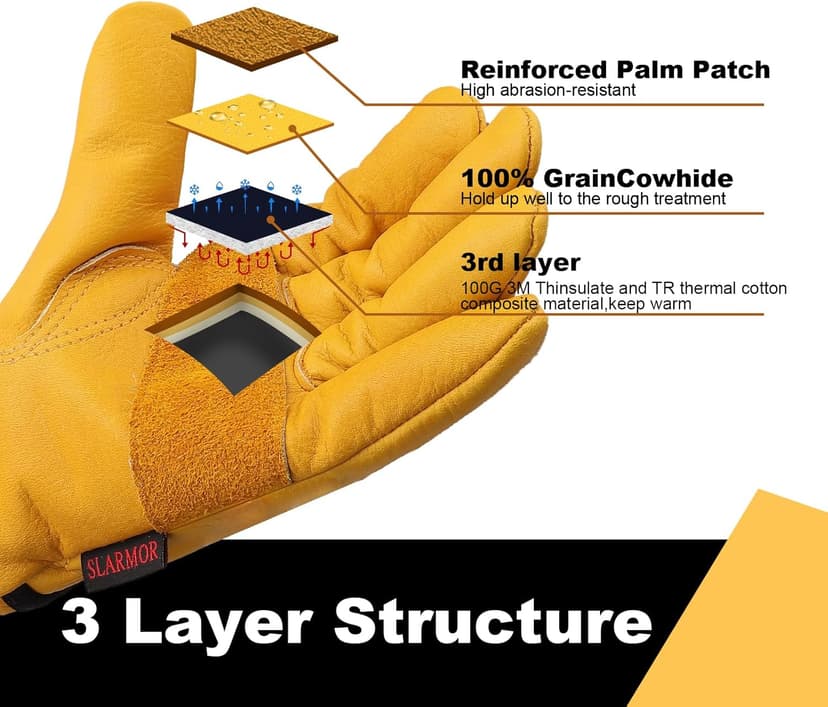 SLARMOR Mens Winter Leather Work Gloves, Warm Thinsulate Lining for Cold Weather Work, Thermal Insulated Work Gloves with Leather Palm,100 gram Insulation-L