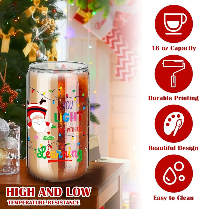 16 oz Glass Coffee Cups with Bows Lids Straws Brushes, Thank You End of Year Gifts for Teacher from Student School Present Reallnaive 6 Pcs Christmas Teacher Appreciation Gifts for Women Teacher Cup B0FNM52YVG