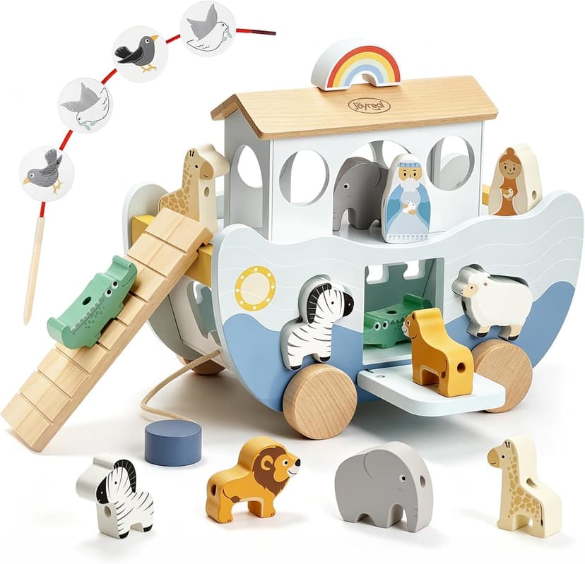 Neutral Color, Montessori Educational Toy, Animal Shape Sorter, Christian Toys for Toddler 1-3, Christmas Birthday Gift Joyreal Wooden Noah's Ark Toy for 1 Year Old Baby Boy and Girl Baptism Gift B0F3XF1SH8
