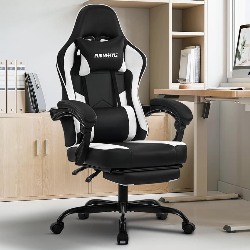 Gaming Chair with Footrest, Reclining Video Game Chairs for Adults with Lumbar Support, Linkage Armrests, Ergonomic Computer Chair for Gaming or Office, PU Black-White