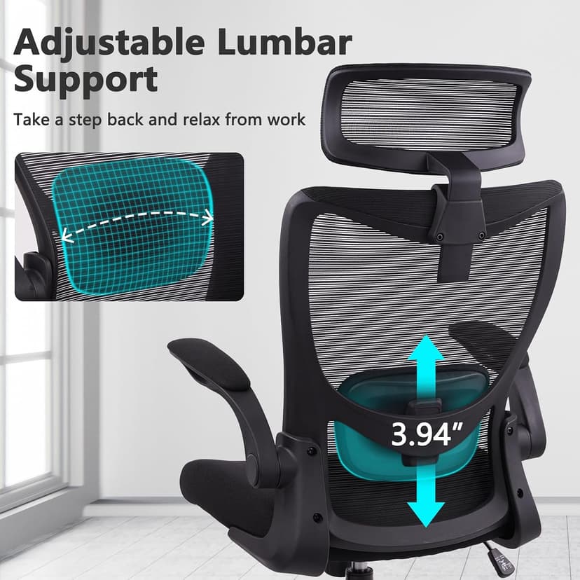 CLATINA Heavy Duty Ergonomic Mesh Office Chair 400LBS, Big and Tall Desk Chair with Adjustable Lumbar Support & Headrest, Flip Up Padded Arms, Swivel Computer Chair for Home, Study, Conference, Black