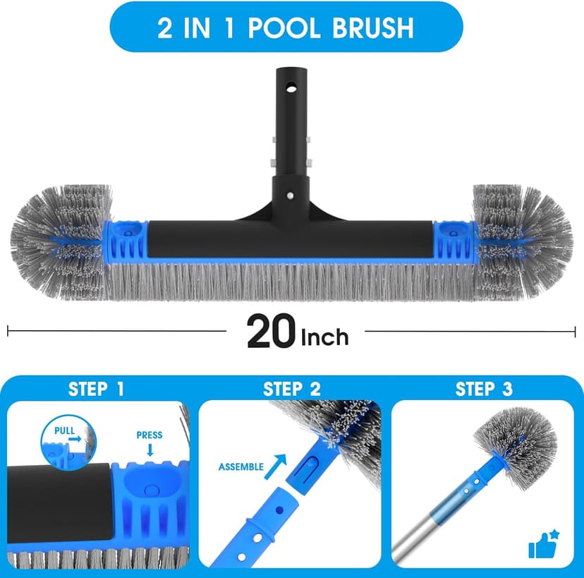 20'' 2 in 1 Pool Brush Head Cobweb Duster Heavy Duty Pool Cleaning Detachable Round Brush with EZ Clip & Wavy Nylon Bristles for Inground Pool & Above-Ground Pool (Without Pole)