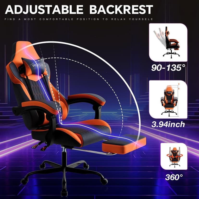 Gaming Chair with Footrest, High Back Gaming Chairs PVC Leather Ergonomic Gamer Chair with Adjustable Headrest Lumbar Support Racing Style Video Gaming Chair for Office/Home (Black Orange)