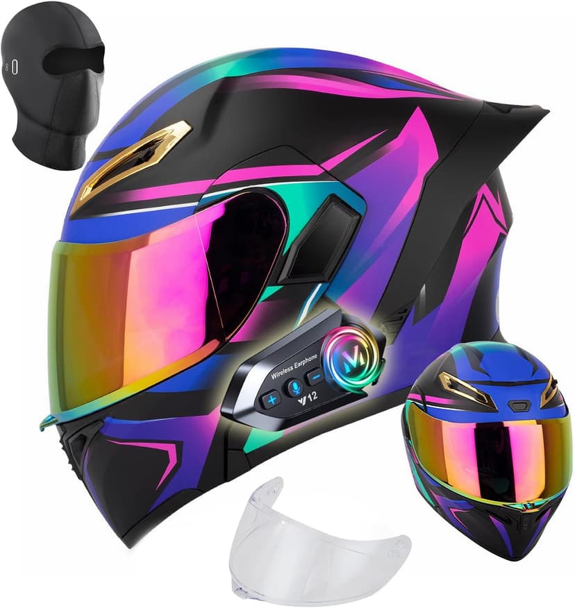 Womens Motorcycle Helmet with Bluetooth - DOT Modular Motorcycle Helmets with Dual Visor, Flip Up Full Face Purple Helmet with Speaker and Mic