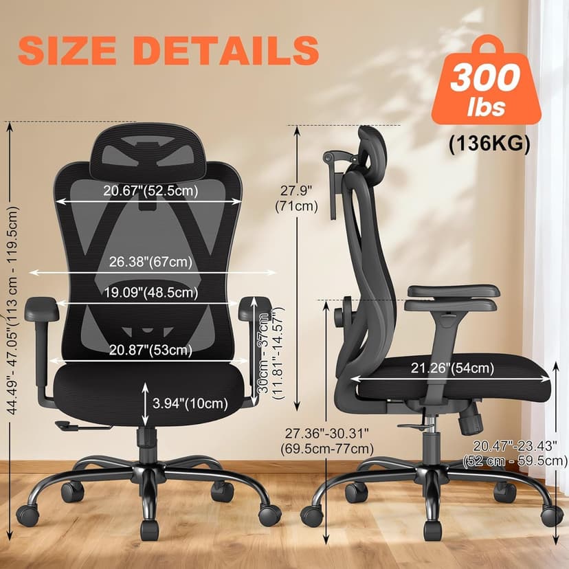 Office Chair Ergonomic Desk Chair,Adjustable Headrest Lumbar Support Computer Chair - Home Office Desk Chairs,300lbs Wide Seat Big and Tall Office Chairs with 3D Armrests, Comfy Desk Chairs (New)