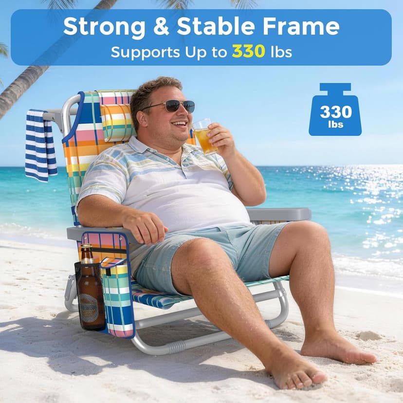 5-Position Backpack Beach Chair for Adults with Lumbar, Foldable Tall Heavy-Duty Beach Chairs with Cooler Bag,Cup Holder,Towel Rack for Beach, Camping, Outdoor (1, Rainbow)