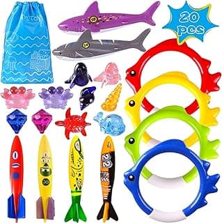 Summer Pool Diving Swimming Toys for Kids, Fun Swim Games Sinking Set, Underwater Dive Gifts with Storage Bag Include Torpedo Gems Shark Rings Sea Animals for Boys Girls Toddlers 20 Packs
