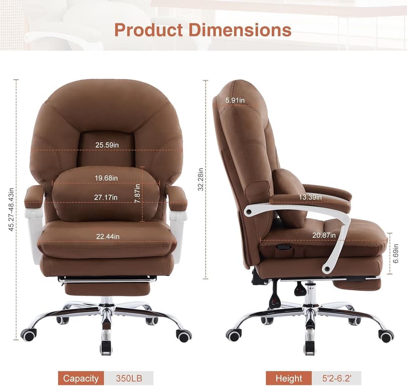 Ergonomic Office Chair for Big and Tall with Lumbar Support,Brown PU Leather High Back Executive Chair with Sedentary Vibration Reminder,Foot Rest,Reclining Function for Long Hours of Home Office