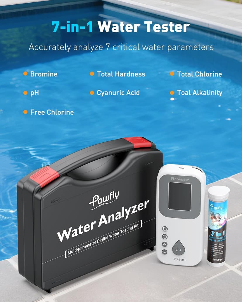 Pawfly 7 in 1 Digital Water Testing Kit, 50 Strips Hot Tub Test Kit, Digital Pool Water Tester for pH, Total Hardness, Total Chlorine, Free Chlorine, Total Alkalinity, Cyanuric Acid & Bromine