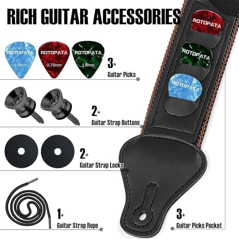 ROTOPATA Acoustic Guitar Strap with Pick Holders, Adjustable Leather Straps with 2 Buttons 2 Locks 3 Guitar Picks, Guitar Accessories for Electric Bass Ukulele, Black