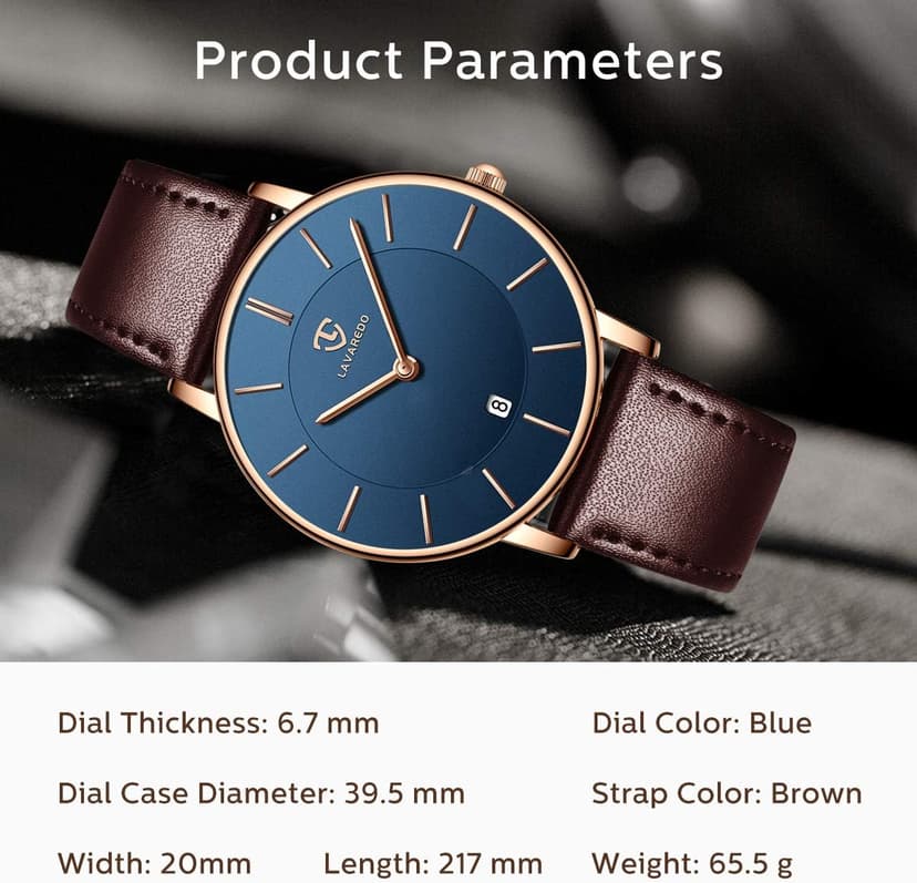 L LAVAREDO Watch for Men, Extremely Thin Mens Watches Minimalist Analog Men's Leather Wrist Watches with Time/Date, Birthday Gift for Men Boyfriend