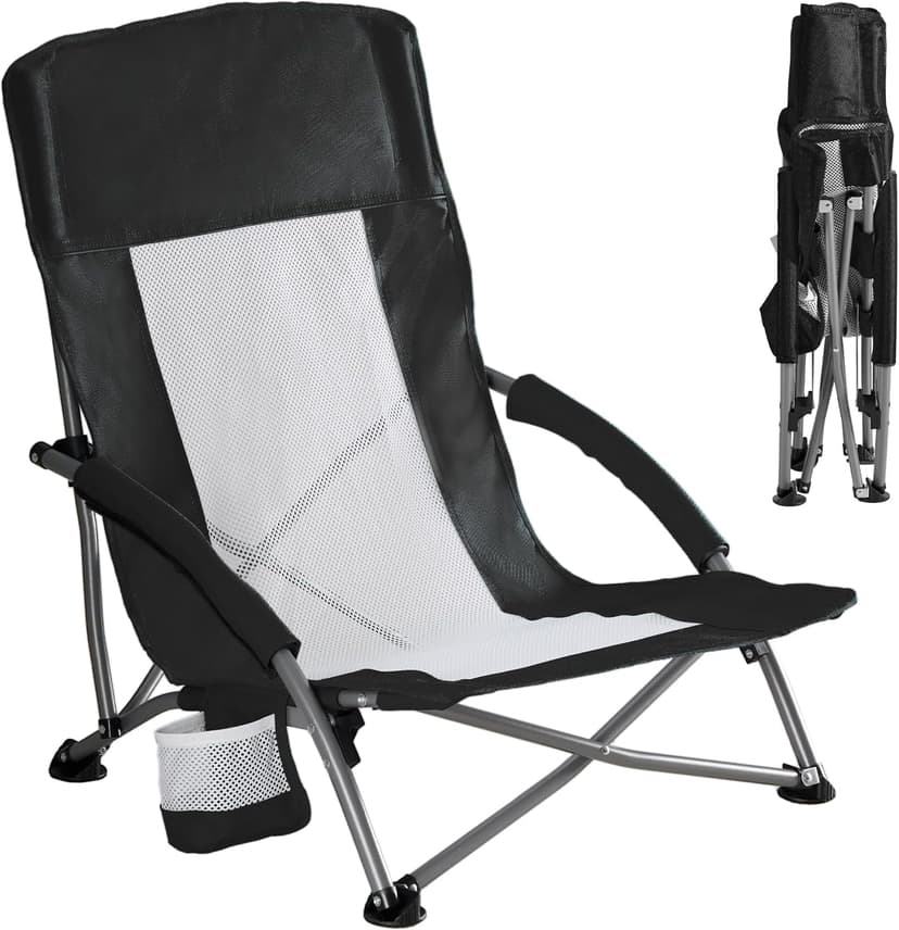 DUMOS Low Camping Beach Chair, Lightweight Folding Portable Beach Chair with Cup Holder, Storage Pocket, Breeze Mesh Back, Padded Armrests, Low Profile Chair for Camp, Picnic, Lawn, Sand, Black