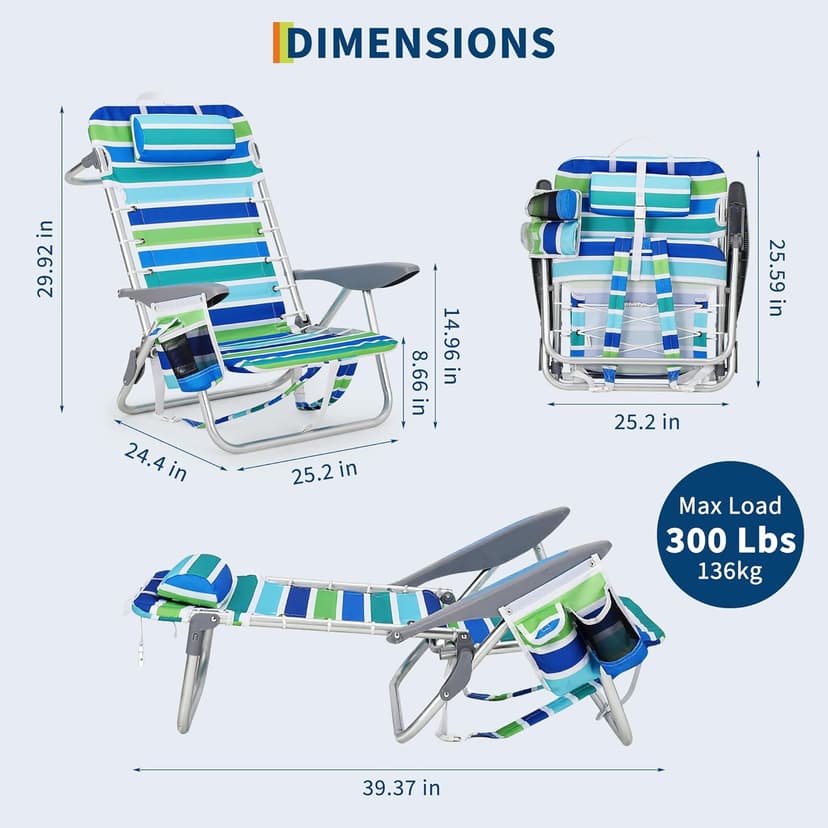 GarveeLife Backpack Beach Chair for Adults 2 Pack, Lightweight Portable Lay Flat Folding Beach Chair with 5 Positions, Backpack Straps, Phone Pocket, Cup Holder & Towel Bar, Support to 350LBS